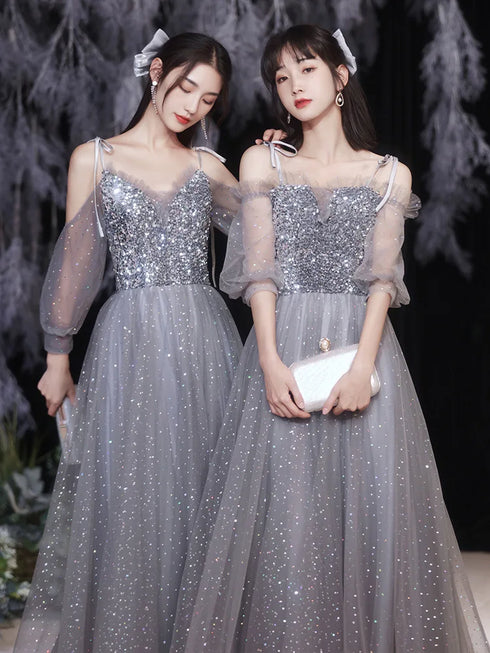 Off Shoulder Lace Illusion A Line Dress Floor Length Glitter Tulle Bow Bridesmaid Dress