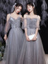 Off Shoulder Lace Illusion A Line Dress Floor Length Glitter Tulle Bow Bridesmaid Dress