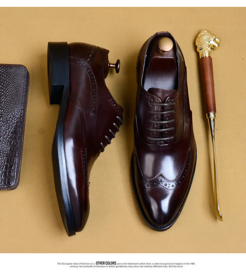Genuine Cow Leather Brogue Oxford Shoes for Men Vintage Handmade Casual Flats