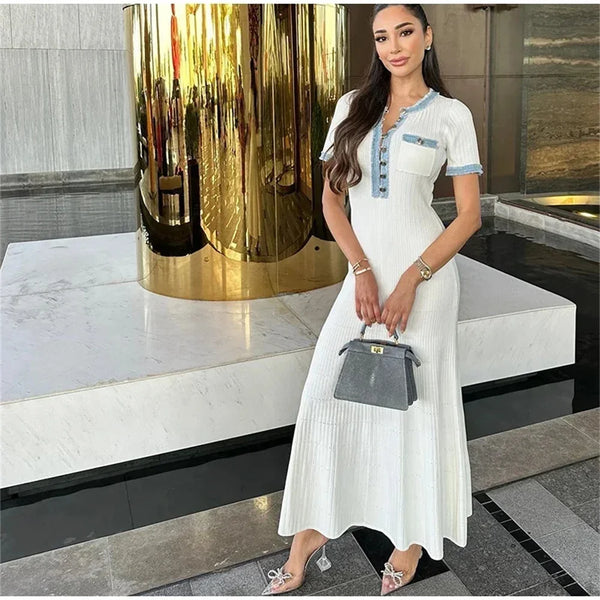 Elegant Women Knit Maxi Dress with O-neck and Short Sleeves for Office and Commuting