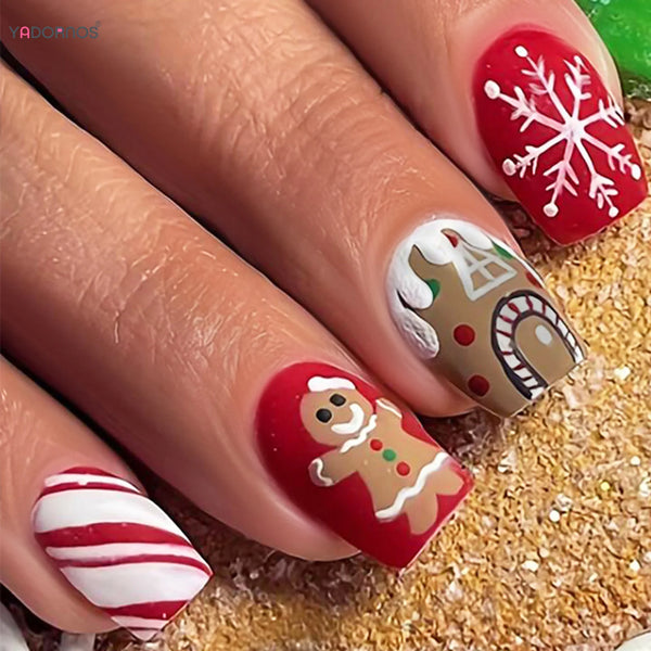 Festive 24pcs Short Square Christmas Press-On Nails with Cartoon Snowman and Snowflake Design, Glossy Finish for Holiday Celebrations