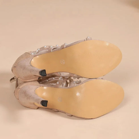 Stylish Women's Gladiator Sandals with Open Toe, Elegant Diamond and Pearl Ankle Strap, Back Zipper Closure, Thin High Heels - Perfect for Parties and Special Occasions