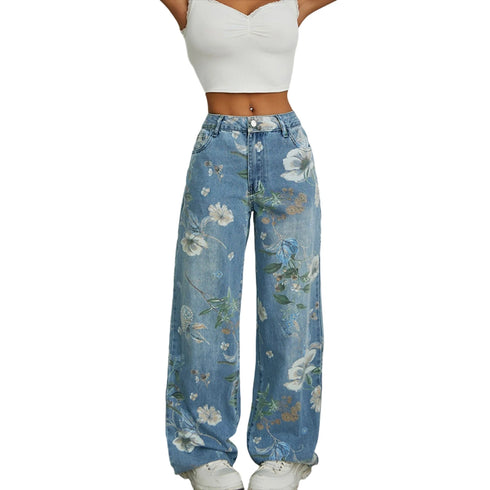 Baggy Denim Jeans Floral Print Harajuku Style Loose Wide Leg Trousers For Women Casual