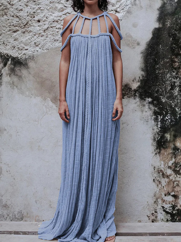 Beach Style Sleeveless Loungewear Maxi Dress Elegant Hollow Out O-Neck Party Dress