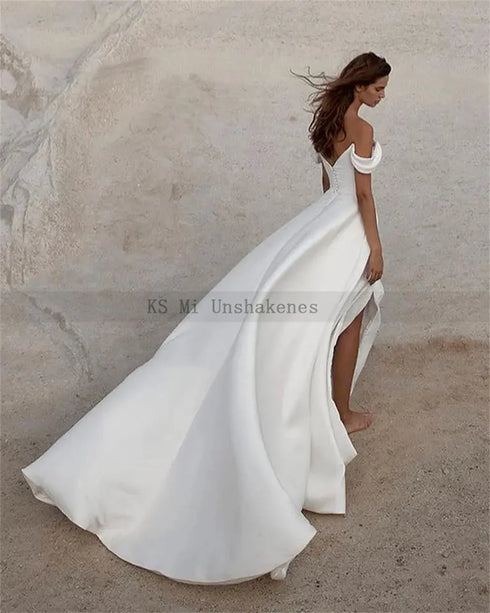 Simple Civil Wedding Dresses Off the Shoulder Sleeveless Dress
