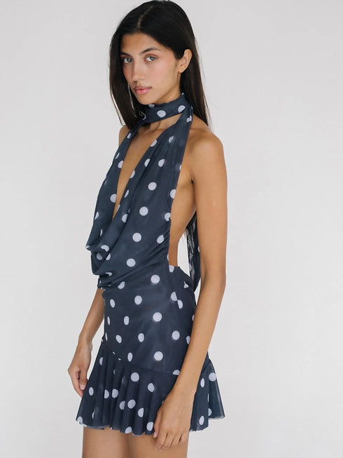 Sexy Deep V Neck Printed Polka Dot Halter Mini Dress for Women Elegant Summer Party Outfits