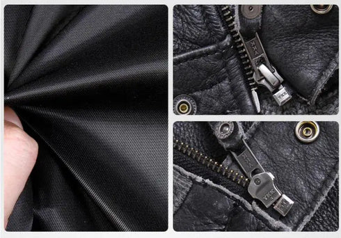 Vintage Genuine Leather Biker Jacket for Men – Slim Fit Cowhide Motorcycle Outerwear with Pockets and Embroidery Details for All Seasons