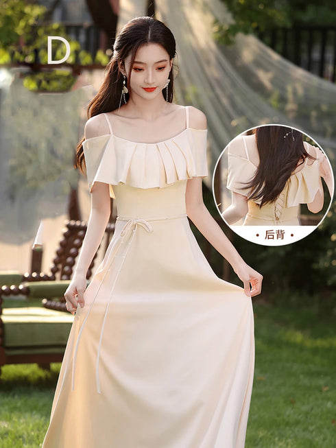 Bridesmaid Dress Satin Off-Shoulder Ruffle A-Line Floor-Length Lace-Up Gown Wedding Dress