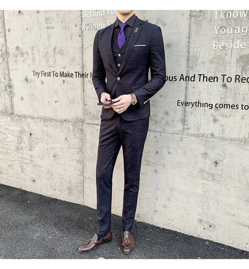 Slim Fit Men's Three Piece Suit with Vest and Trousers for Wedding