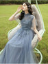 Elegant Off Shoulder Tulle A Line Dress Bridesmaid Dress With Appliques Lace Up Bridal Gown