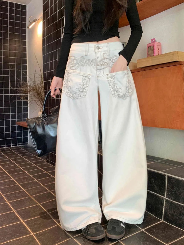Cyberpunk Jeans With Embroidery And Pockets Baggy Wide Leg Womens Straight Cotton Trousers
