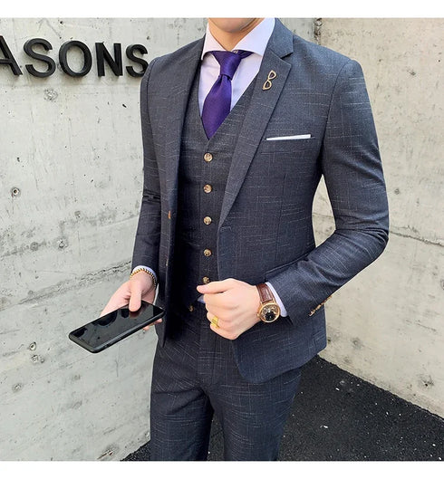 Slim Fit Men's Three Piece Suit with Vest and Trousers for Wedding
