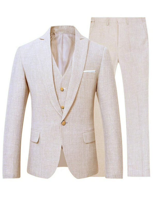 Linen Suit for Men Casual Slim Fit Suit Jacket Vest Pants 3 Pieces Tuxedos for Summer Weddings and Prom