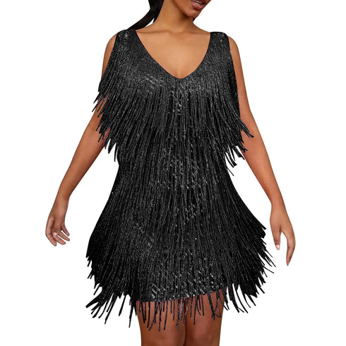 Plus Size Sexy V-Neck Tassel Mini Dress for Women Elegant Sleeveless Evening Party Dress