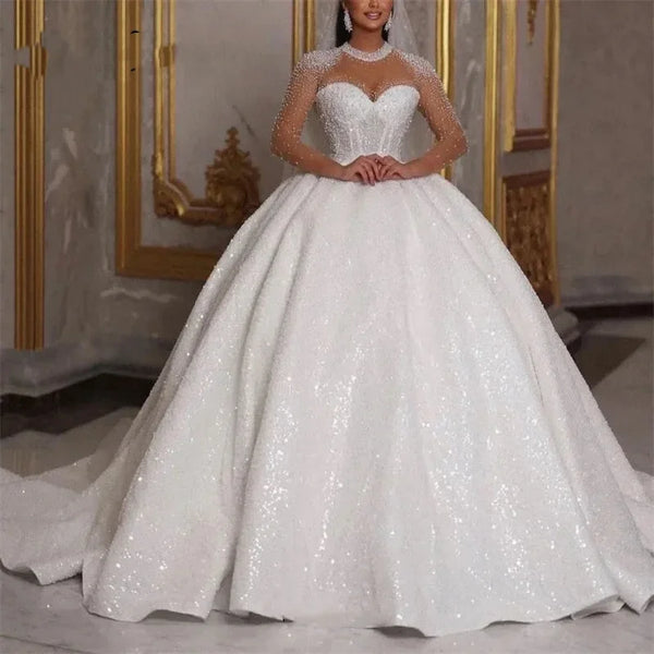 Beaded Ball Gown Wedding Dress With Long Sleeves And Glitter Sequins Floor Length Bridal Gown