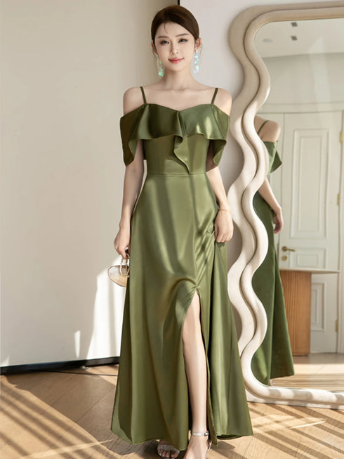 Backless Satin Sleeveless Ankle-Length Evening Dress for Bridesmaid Dress with Built-In Bra and Bow