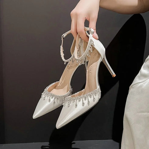 Comemore White Wedding Bridesmaid Satin Pumps with Rhinestones