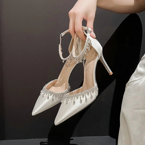 Comemore White Wedding Bridesmaid Satin Pumps with Rhinestones