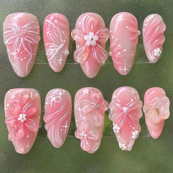 24pcs 3D Floral Press-On Nails with Hand-Painted Butterflies - Full Cover Sweet French Almond Style Fake Nail Set for Trendy Nail Art