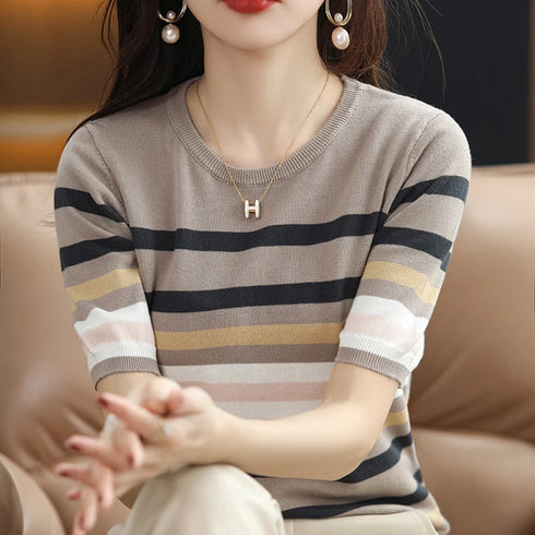 Summer Short Sleeve Women's O Neck Slim Cotton Striped Pullover Knit Sweater Top