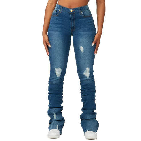 Washed Denim Straight Pants Women Ankle Length Jean Ripped Distressed Casual Skinny Vintage High Waist