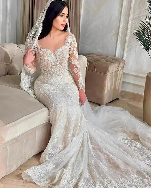 Mermaid Wedding Dress Lace Embroidery Strapless Neckline With Long Sleeves Elegant Bride