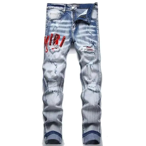 High Street Stretch Embroidery Ripped Men’s Jeans Pants