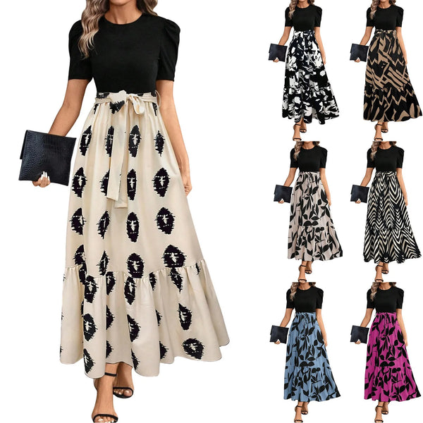 Elegant Women's Dresses Floral Print High Waist Long Dresses Office Clothing