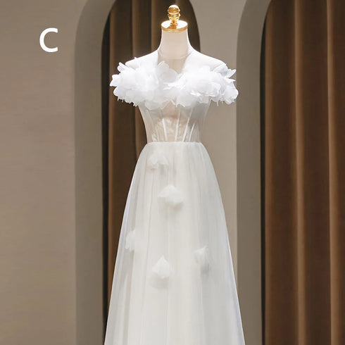 Backless A-Line Bridesmaid Dress With Puff Flower Appliques And Tulle Ankle-Length