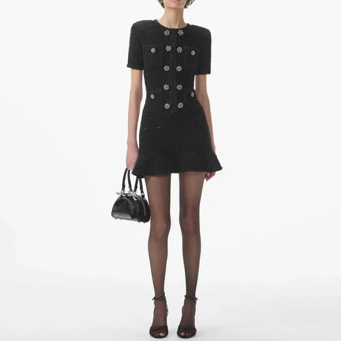 Luxury Autumn Double Breasted Beading Diamonds Mini Knit Dress for Women