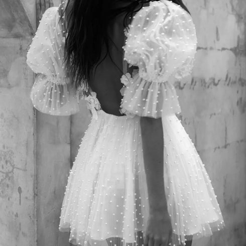 Customized Short Wedding Dress With Plunging V-Neck Pearls Flowers Mini Bridal Gown