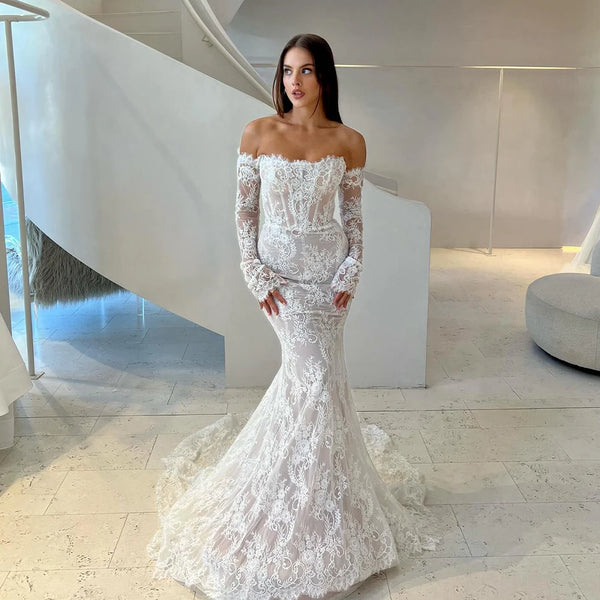 Sexy See Through Back Long Sleeves Lace Mermaid Wedding Dresses