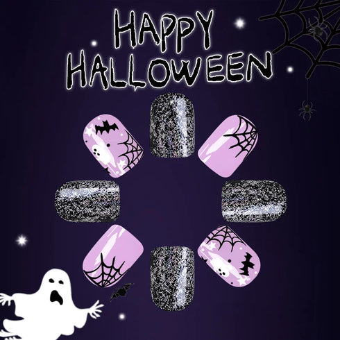 24pcs Halloween-Themed Short Square Press-On Nails with Fun Ghost, Bat, and Spider Web Designs - Perfect Fake Nail Set for Women and Girls