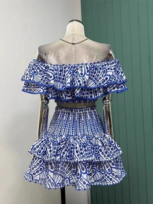 Chic Summer Embroidery Outfit Set for Women: Stylish Slash Neck Ruffled Top & Mini Skirt Ensemble - Perfect for Summer Outfits Inspo