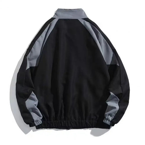 Men's Stand Collar Long Sleeve Windbreaker Jacket - Casual Spring Sports Outerwear with Color Block Design and Front Pockets