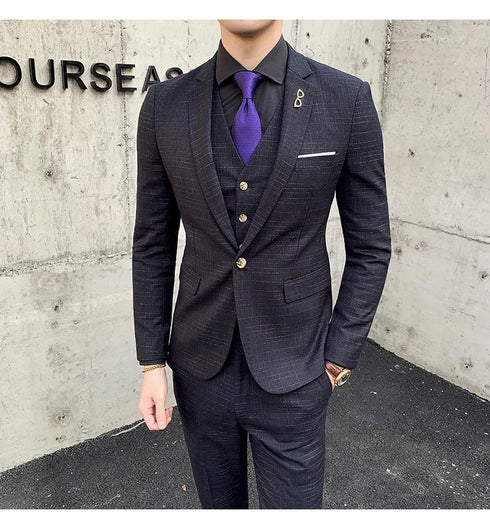 Slim Fit Men's Three Piece Suit with Vest and Trousers for Wedding