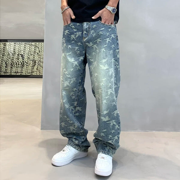 Jacquard Full Print Trendy Jeans For Men Loose Wide Leg Casual Pants