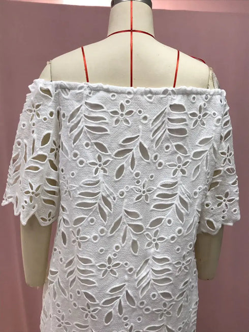 Summer Chic Off Shoulder Loose Dress Cute Sweet Style Girls Flower Lace Retro Vintage Cotton Blends Midi Dress