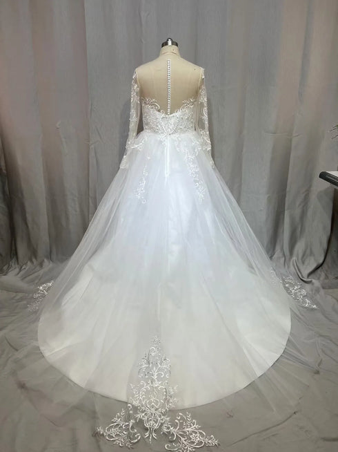 Customized Lace Wedding Dress with Sheer Long Sleeves A-Line Gown