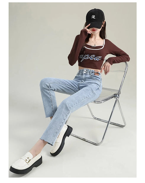 Slim Straight Elastic Denim Pipe Pants for Women - Versatile All-Season Trousers with Pockets and Tie Dye Details for Trendy Fall Outfits