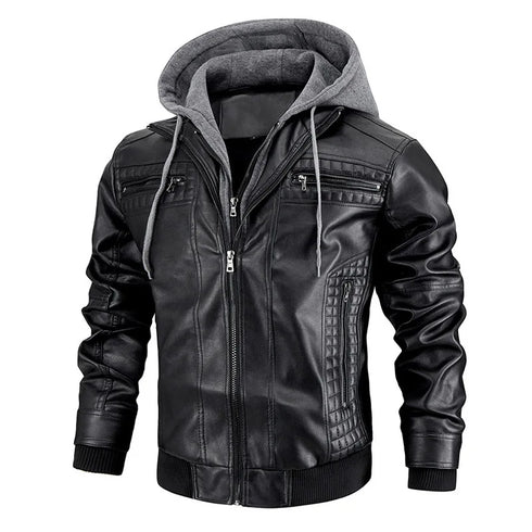Men's Slim Fit Hooded PU Leather Motorcycle Jacket for Autumn and Winter - Windproof Detachable Hat Casual Biker Outerwear with Zipper Closure