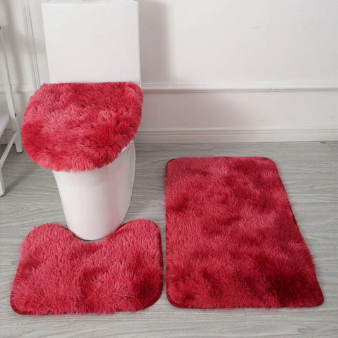 3 Piece Solid Color Bathroom Carpet Set Non-Slip Toilet Lid Cover Rugs Kit