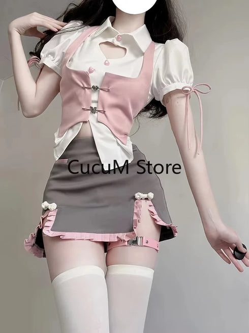 Fashion Vintage Y2K 3 Piece Set Summer Striped Shirt Slim Vest Lace Mini Skirt Women's Chic Outfit