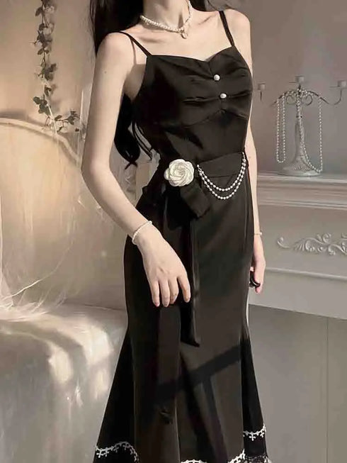 French Vintage Fairy Mermaid Dress Women Lace Midi Dress