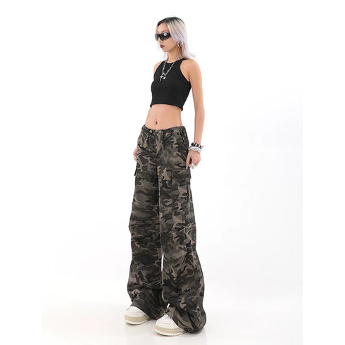 Casual Wide Leg Pants for Women - Y2K Hip-Hop Cargo Overalls with Camouflage Design, Perfect for Fall Outfits and Grunge Style Inspiration