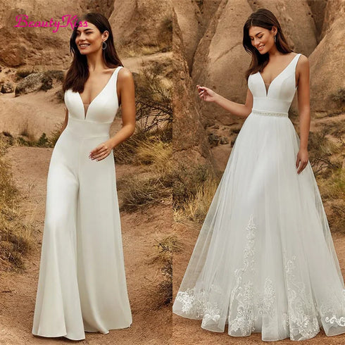 2 In 1 Wedding Jumpsuit With Detachable Skirt Bridal Dress