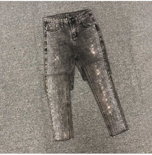 Fashion Rhinestone Jeans Female High Waist Slim Pencil Pants