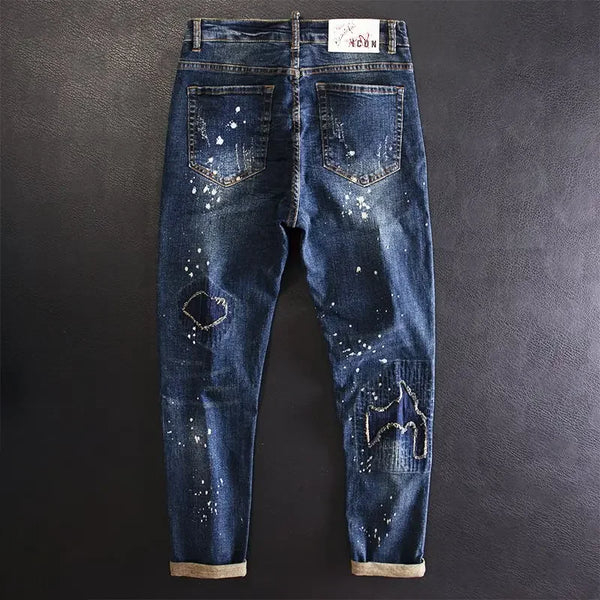 Jeans for Men Straight Cropped Trousers with Print Pockets