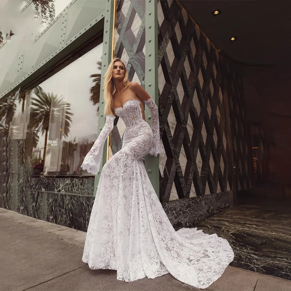 Customized Sweetheart Mermaid Lace Wedding Dresses Backless