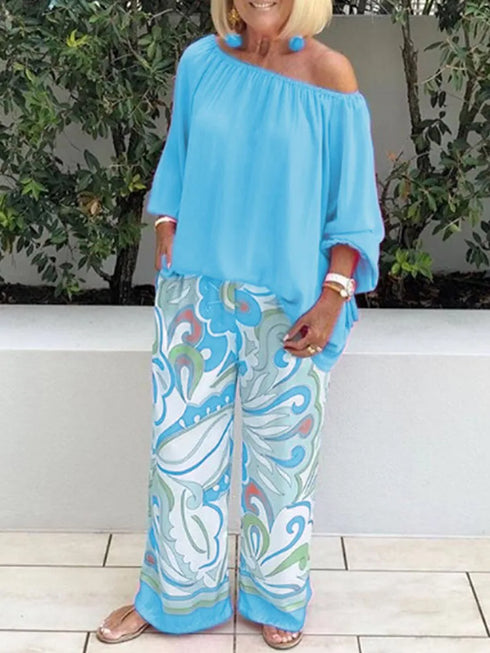 Grace One Shoulder Loose Long Sleeved T Shirt Set With Printed Wide Leg Trousers For Women